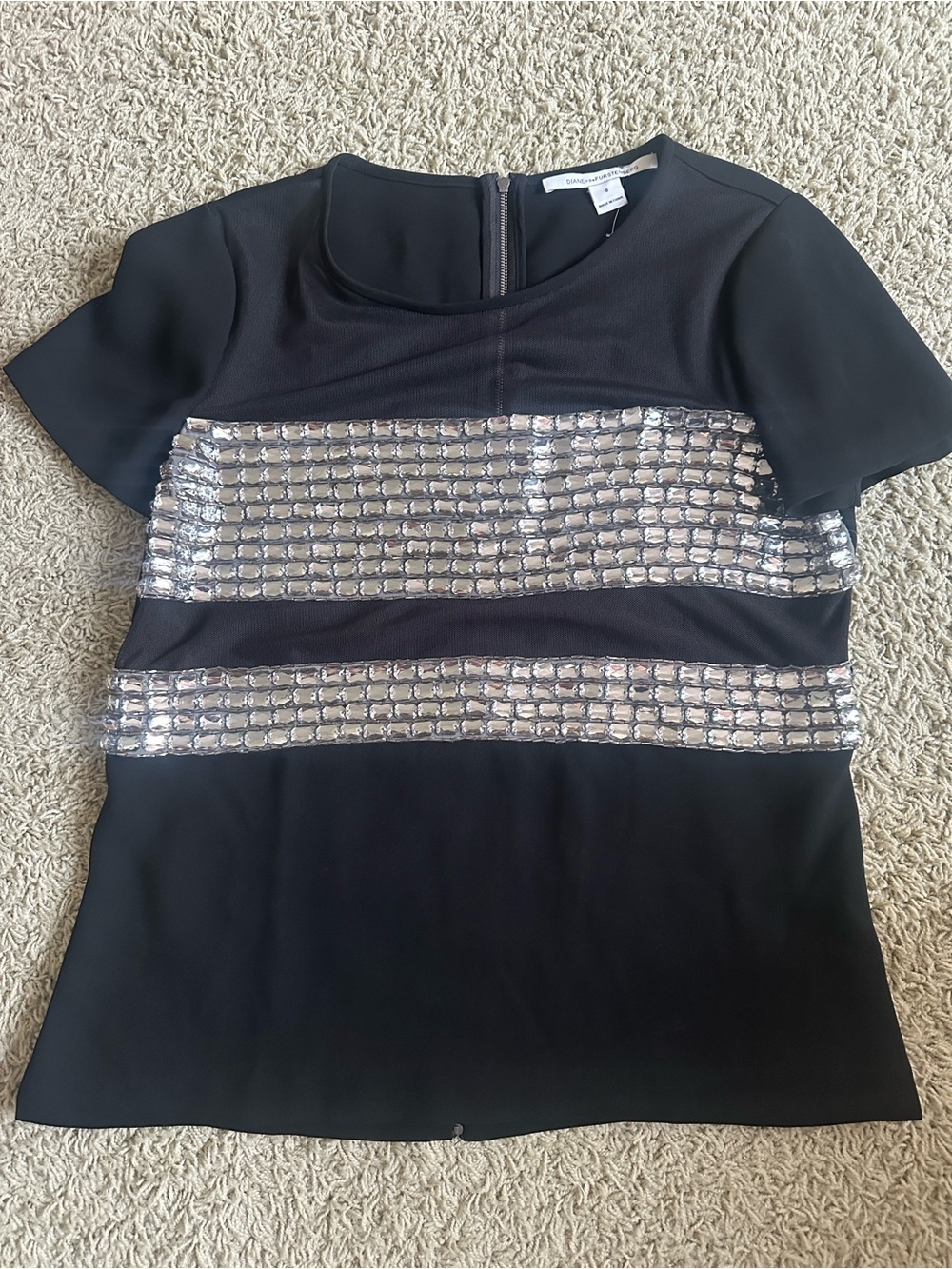 Diane vonFurstenberg Black Netting Rhinestone Top Sz 8 NWOT